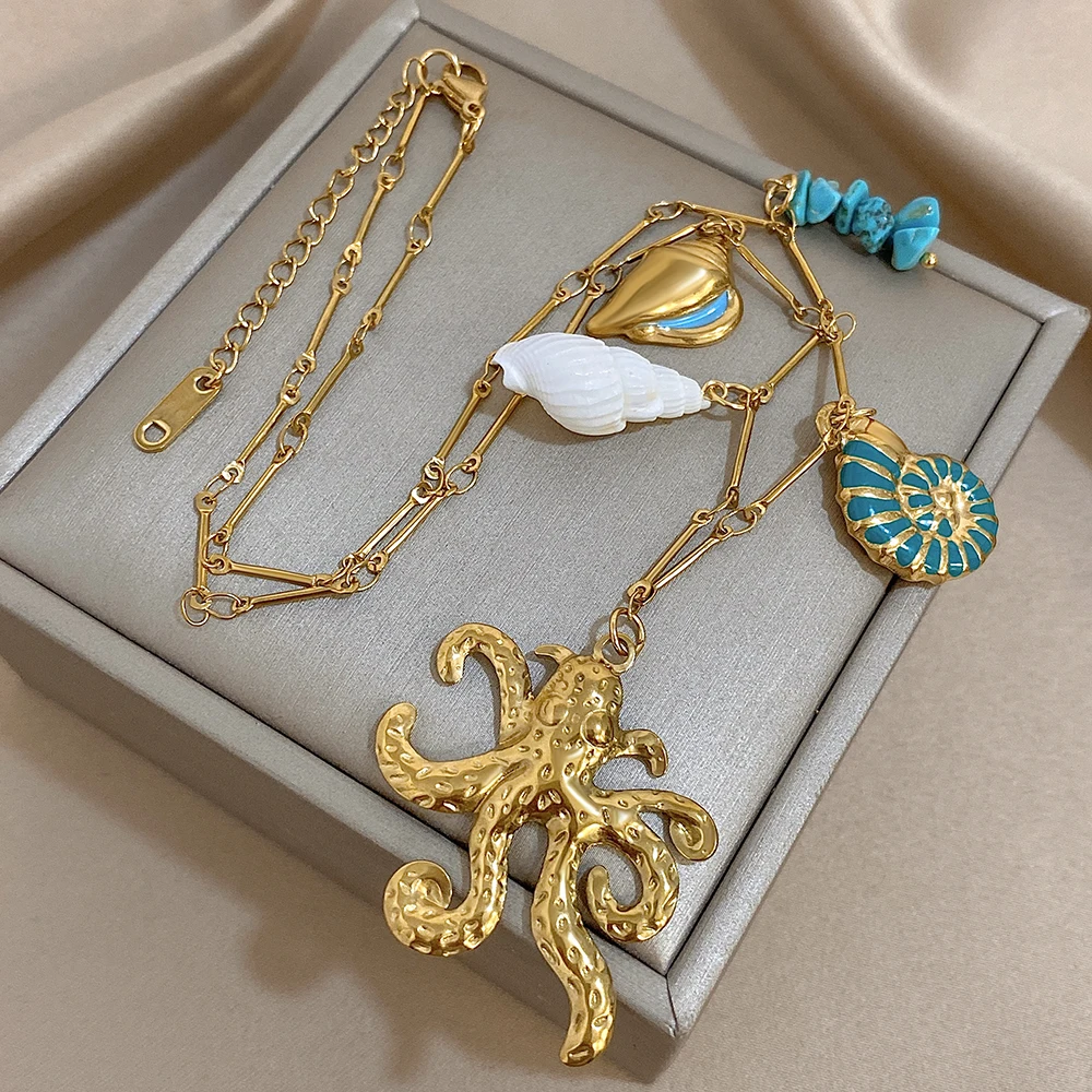 

DODOHAO Octopus Shell Love Heart Pendant Necklaces For Women Ocean Style Thin Chain Necklaces Casual Chic Stainess Steel Jewelry