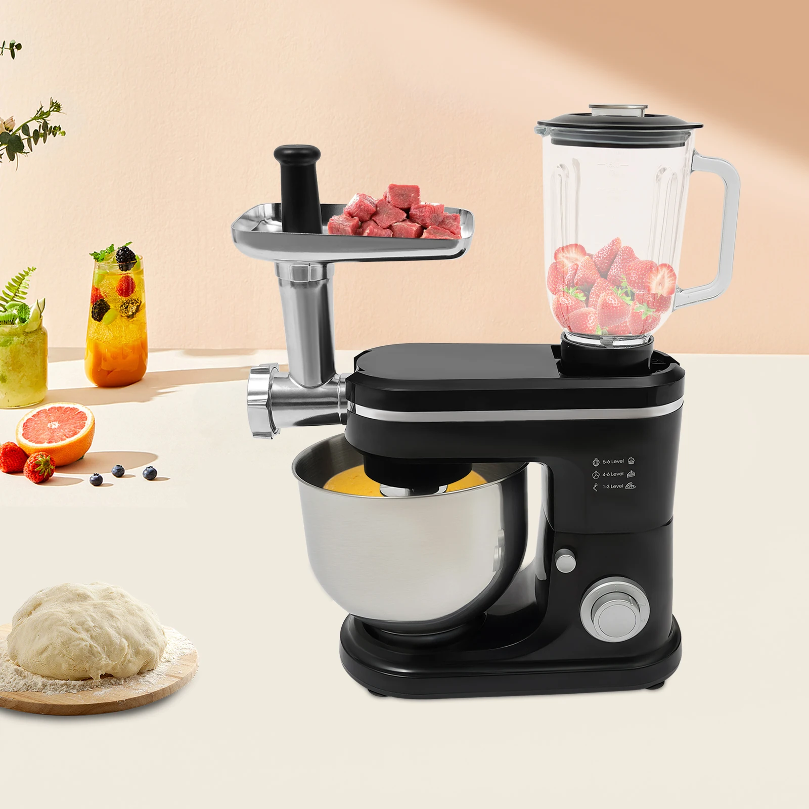 Küchenmaschine, Edelstahlschüssel, 6 l, 1500 W, Knethaken, Schneebesen, Edelstahl, kontinuierlicher Aktenvernichter, Standmixer, multifunktional
