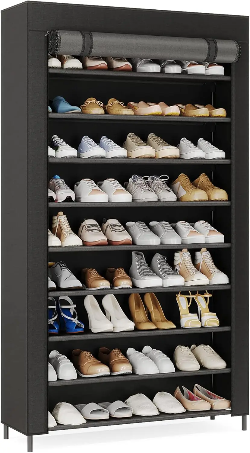 10 Tier Shoes Rack with Cover, Shoes Organizer Closet, Black Large Shelf Entryway, 50 Pair Stand, Non-Woven Shoe Rack