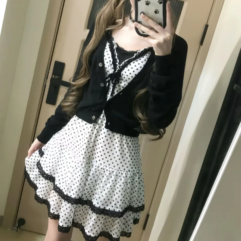 New Japanese Vintage Sweet Bow Sling Dress Suit Women Design Polka Dot Dress + Vest +cardigan Harajuku Hepburn Cute Y2k Outfits