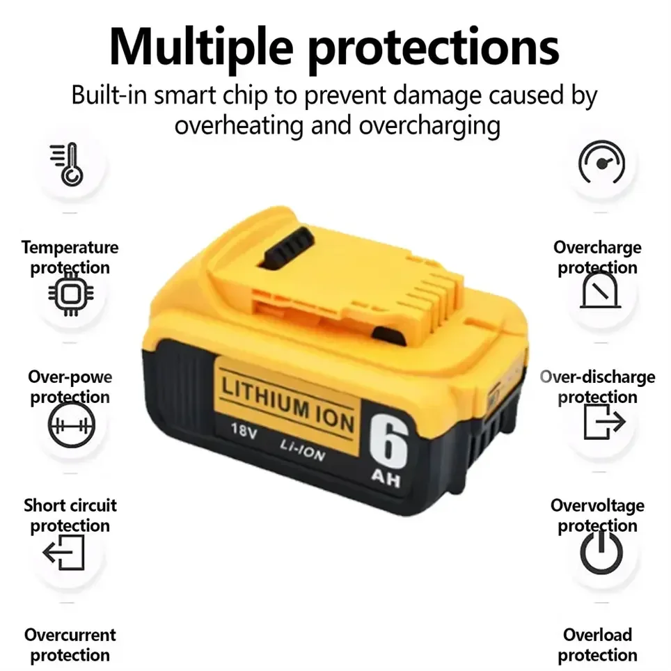 100% Compatible For DeWalt 18V/20V 6000mAh Rechargeable Power Tools Battery with LED Li-ion Replacement DCB205 DCB204-2 DCB206
