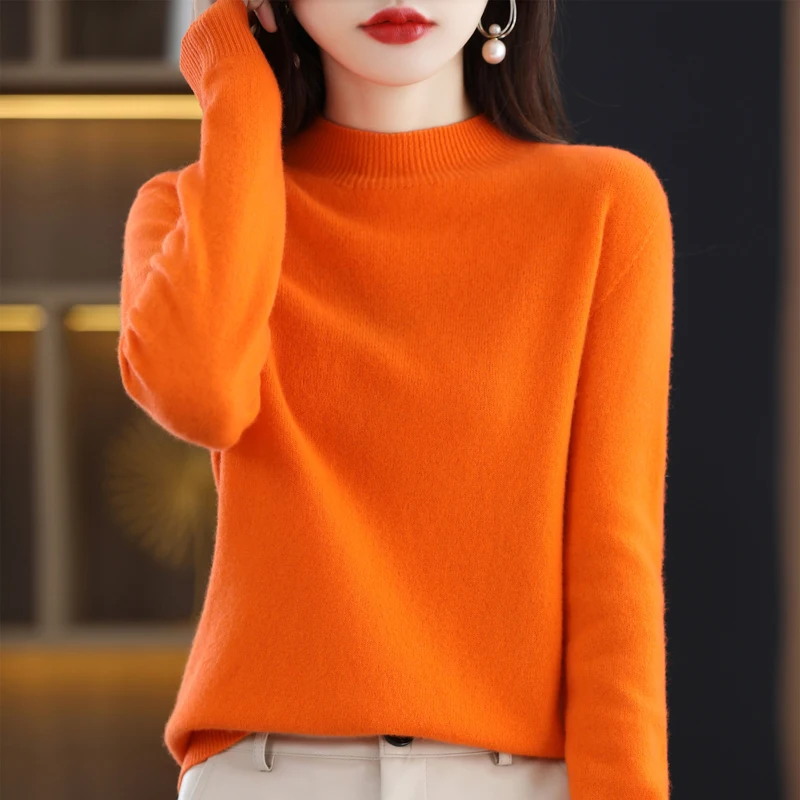 

Seckill Selected Autumn and Winter New Semi High Collar Sweater Women's Knitted Sweater Classic Solid Long Sleeve