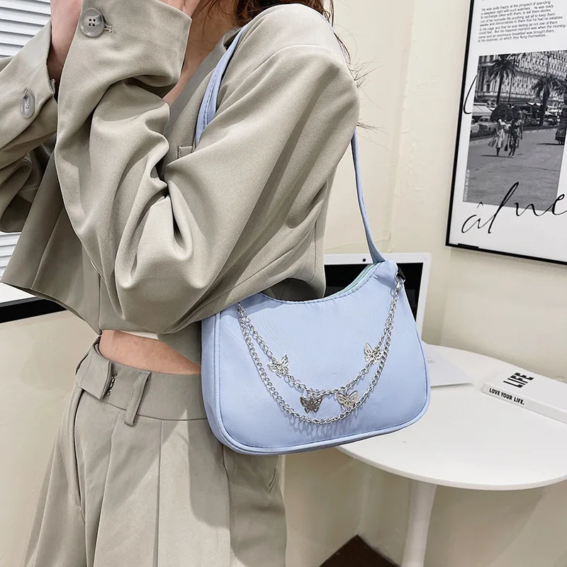 Fashion Women Small Shoulder Underarm Bag PU Leather & Nylon Ladies Vintage Butterfly Chain Pure Color Zipper Mini Purse Handbag