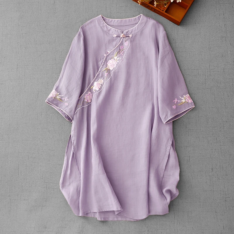 Nova Csa Estilo Mamãe de Verão, Bordada, em Mistura de Aodão e Linho, Manga Cinco-Quartos, Gola Alta, Top Casual de C...