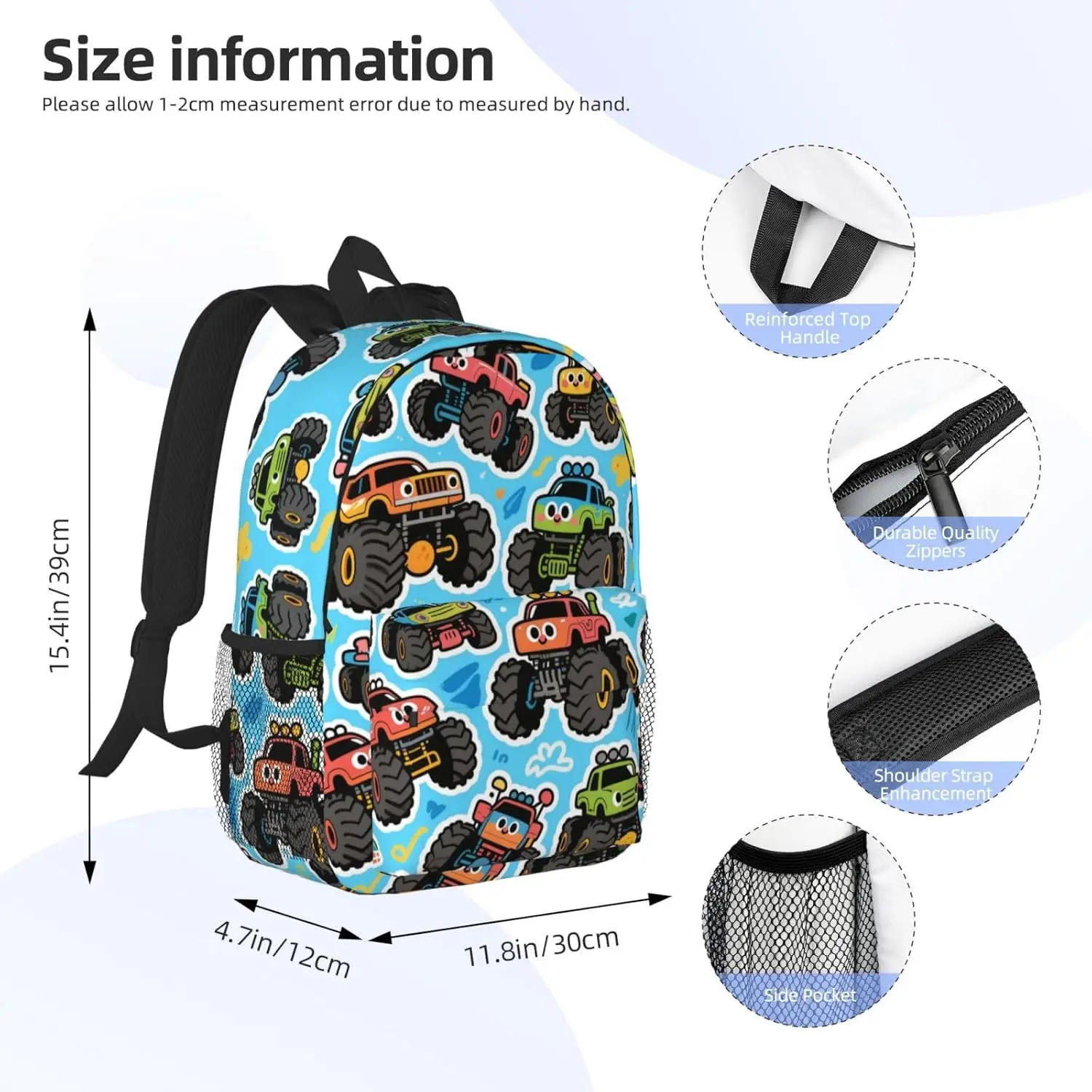 Monster Truck School Bag for Teens Boys and Girls Book Bags Cute Water Proof Backpacks for Kids Lightweight Child Bookbag