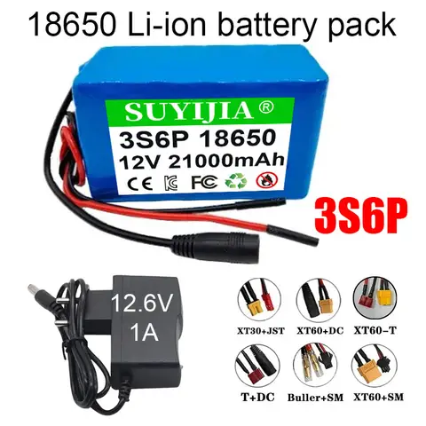Large Capacity 3S6P 12V 21Ah 21000mAh 18650 Lithium-ion Rechargeable Battery Pack XT60 DC Built-in Smart BMS+12.6V Charger