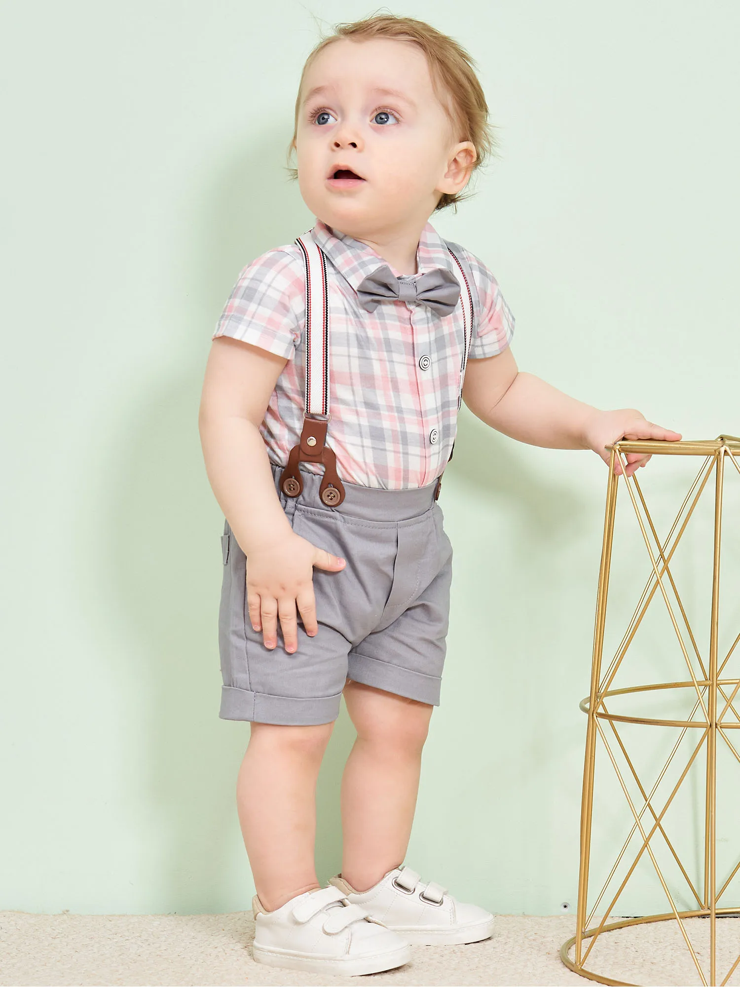 Infant Plaid Set Baby Boy's Gentleman's  Suit Summer Short Sleeve Shirt, Rolled Up Shorts with Back Tie, Bow Tie 3 Piece Set