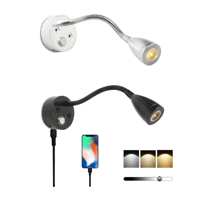 Flexible Gooseneck USB RV Reading Light DC10-30V 3W 3-Tone LED Interior Lights for Campers RV and Boats Silver-A50M