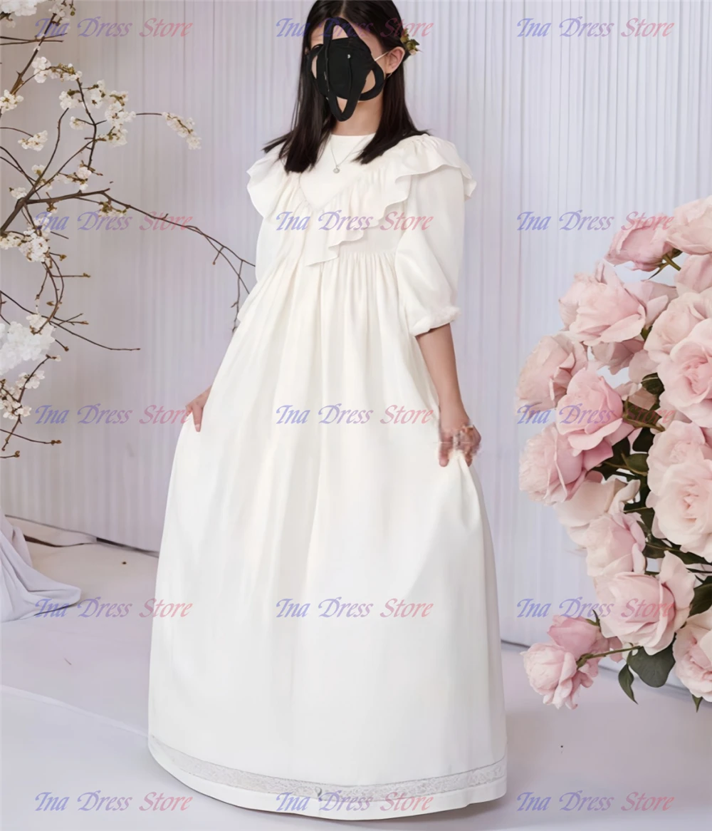 Elegant Satin Flower Girl Dress Lace Applique for Wedding Neck Todder Puffy Princess Evening Party First Communion Ball Gowns