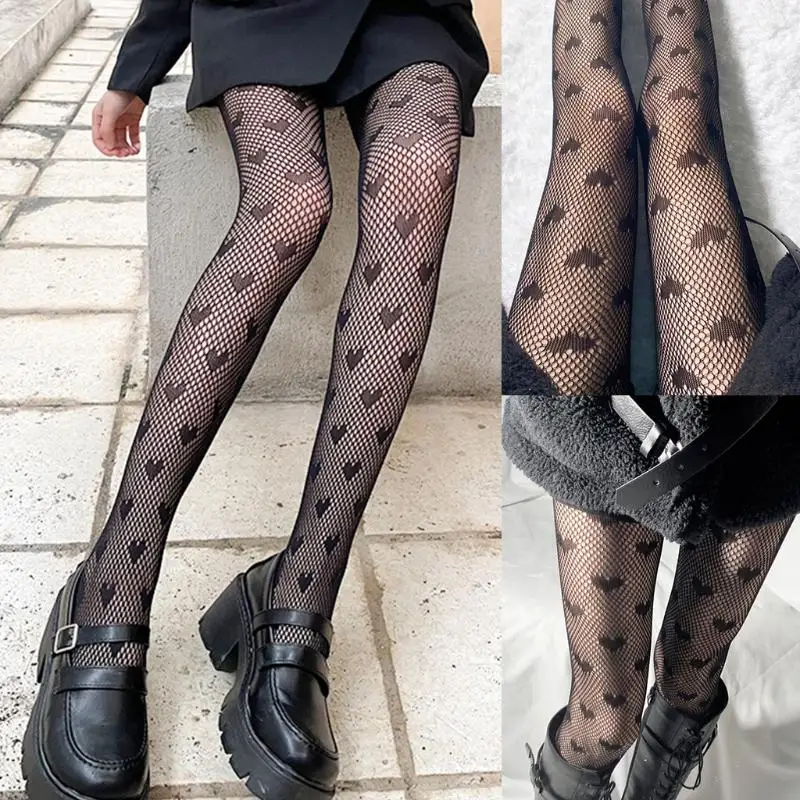 

L5YC Women Sexy Lace Pantyhose Sweet Love Heart Pattern Jacquard Tights Gothic Punk Hollow Out Fishnet Mesh Stockings