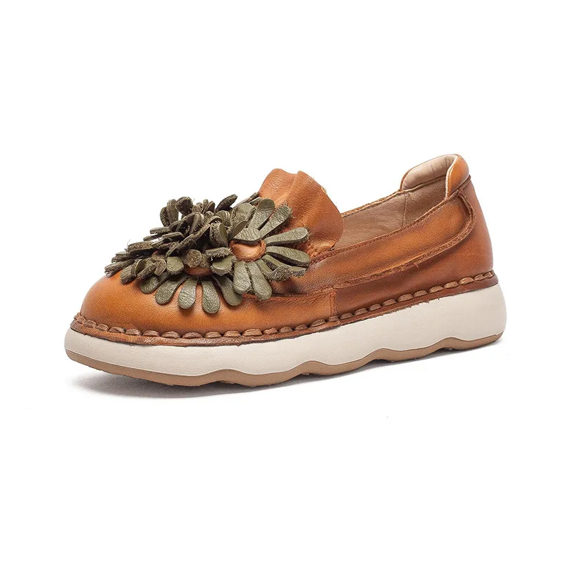 Women Flat Shoes Spring Autumn Retro Style Shallow Genuine Cow Leather Slip On Loafers Literary Flowers Casual Shoes