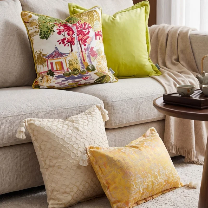 Chinese Courtyard Pillows Warm Yellow Green Cushion Case Luxury Art Decorative Pillow Cover For Sofa Chair Home Decorations