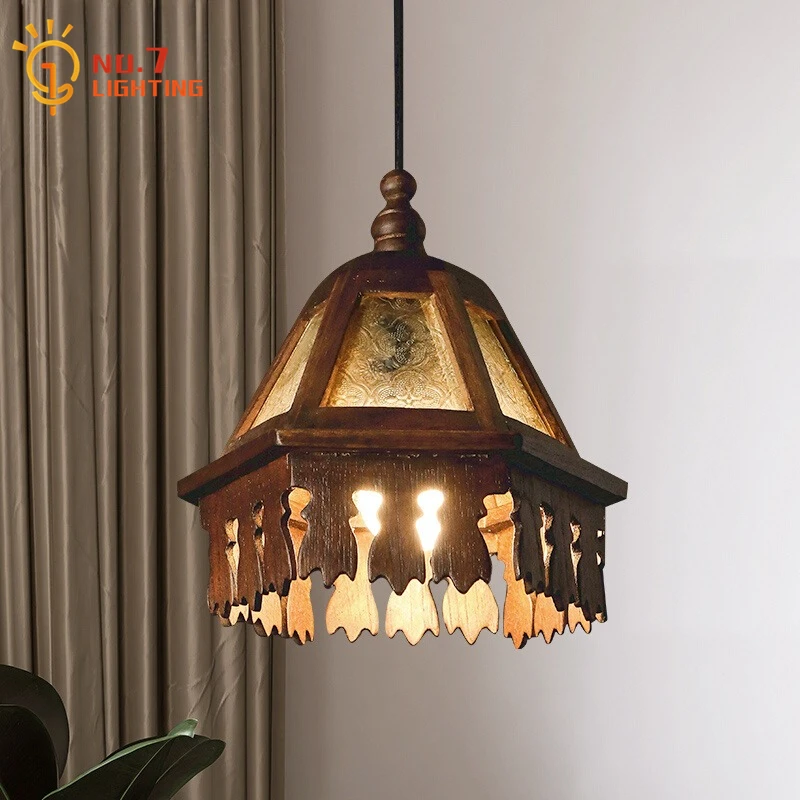 

South East Asia Exotic Retro Thai Pendant Lights LED E27 Solid Wood Glass Hanging Lamp Restaurant Tea Room Bar Balcony Bedside