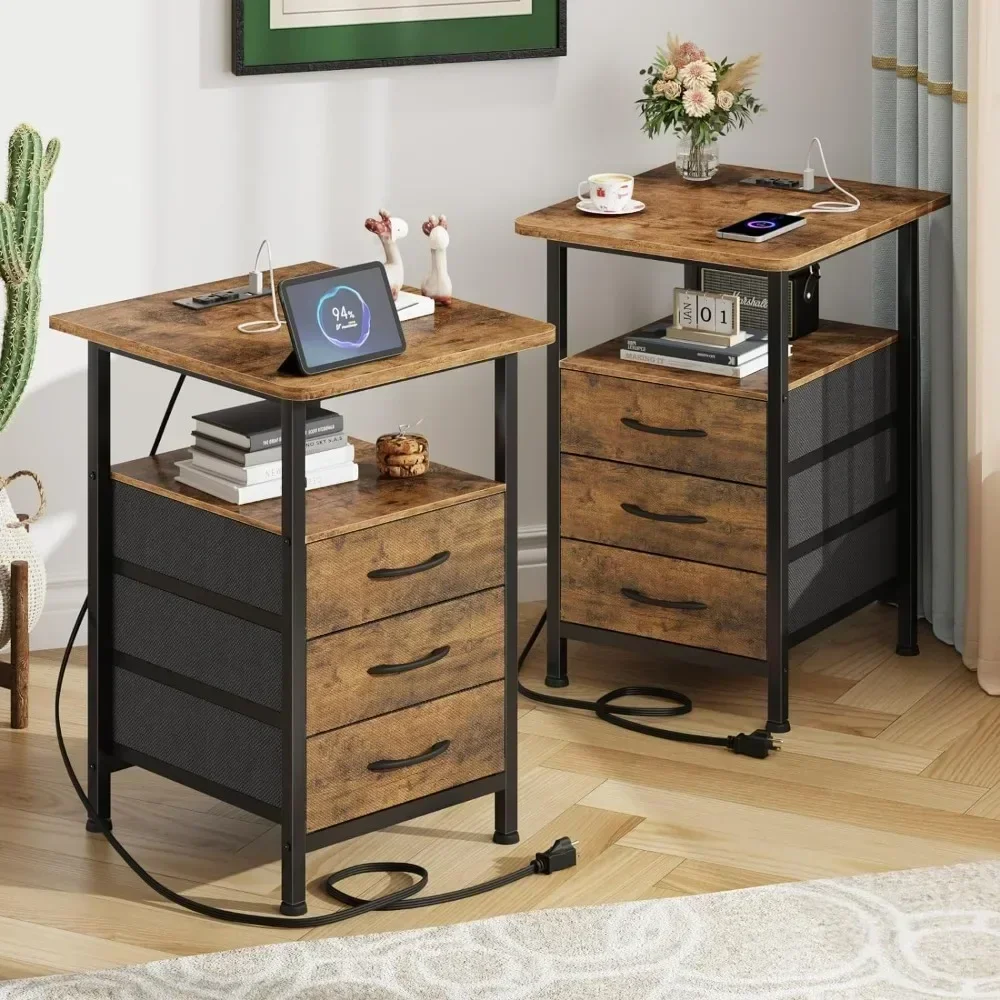 Nightstand Set 2 with 19'' L Larger Tabletop and 3 Fabric Drawer, with Fast Charging Station, Side Tables for Bedroom