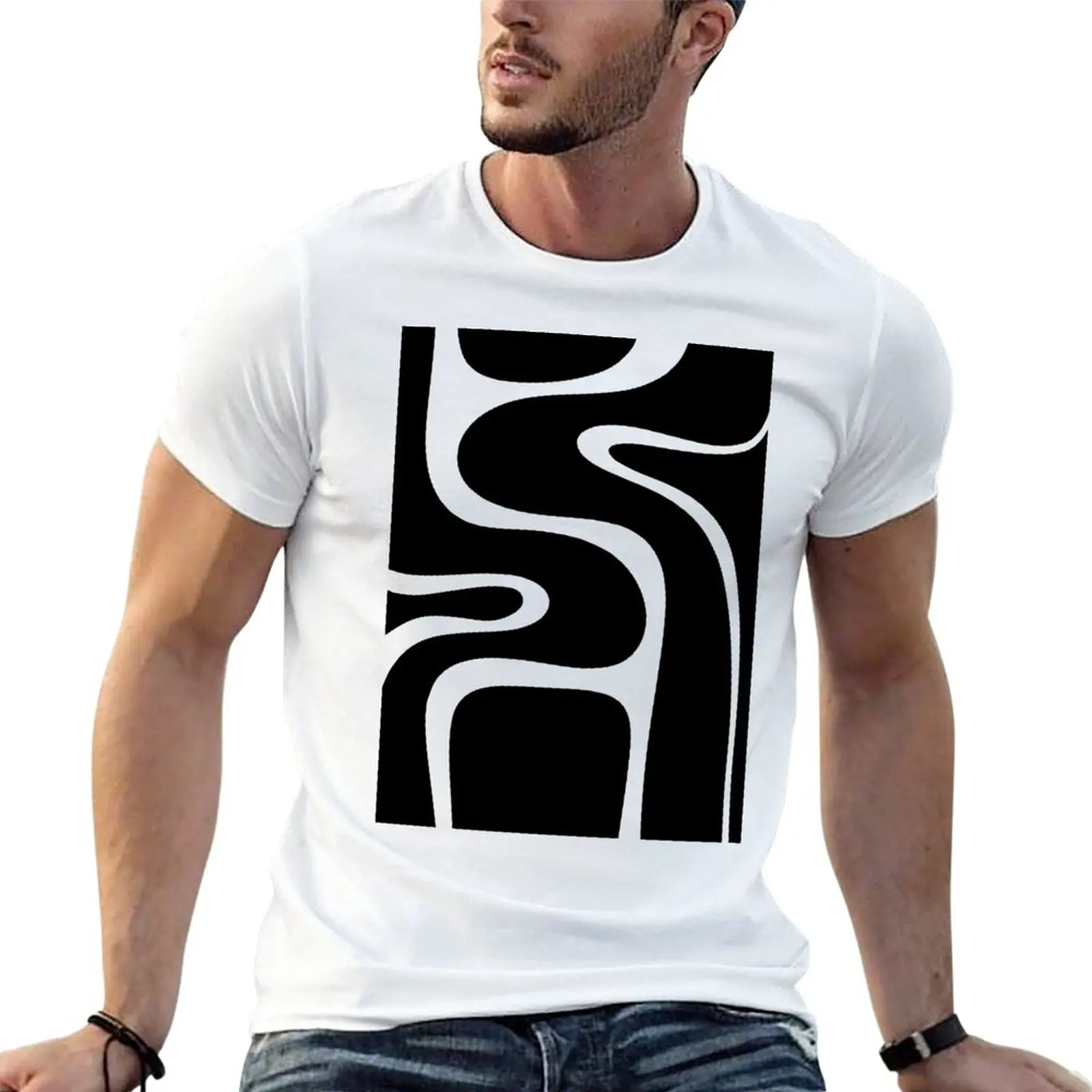 New Copacetic Retro Abstract Black and Almond Cream T-Shirt T-shirt for a boy cute tops oversized t shirts Men's clothing
