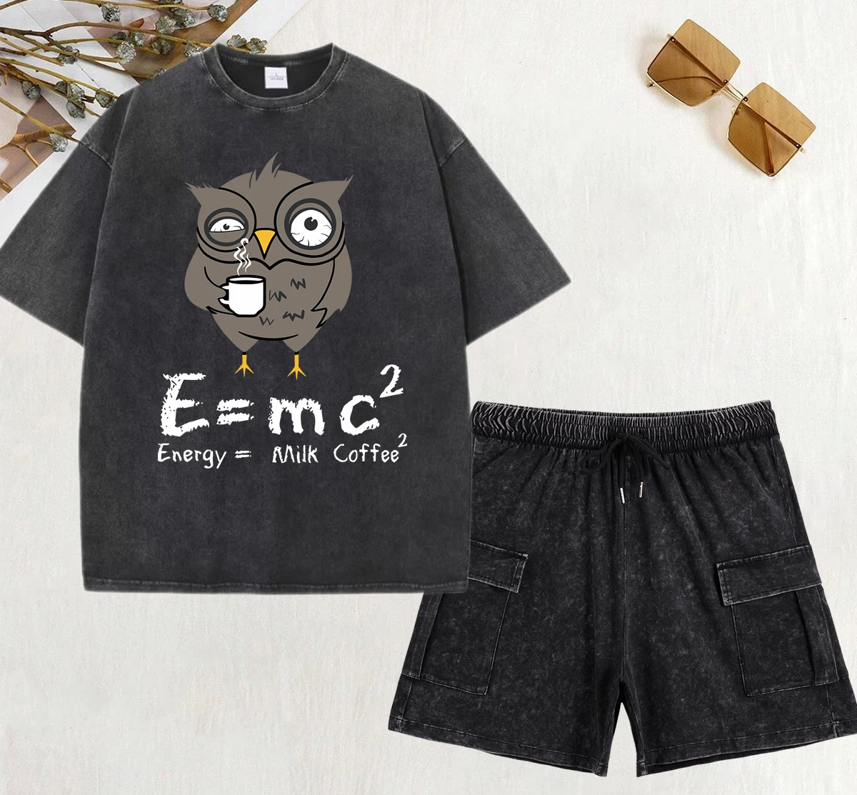 

Energy Milk Coffee Fun Formula Printing Washed T-Shirts Set Women Y2K Cotton Short Sets Casual Pants Summer Oversize T Shirt