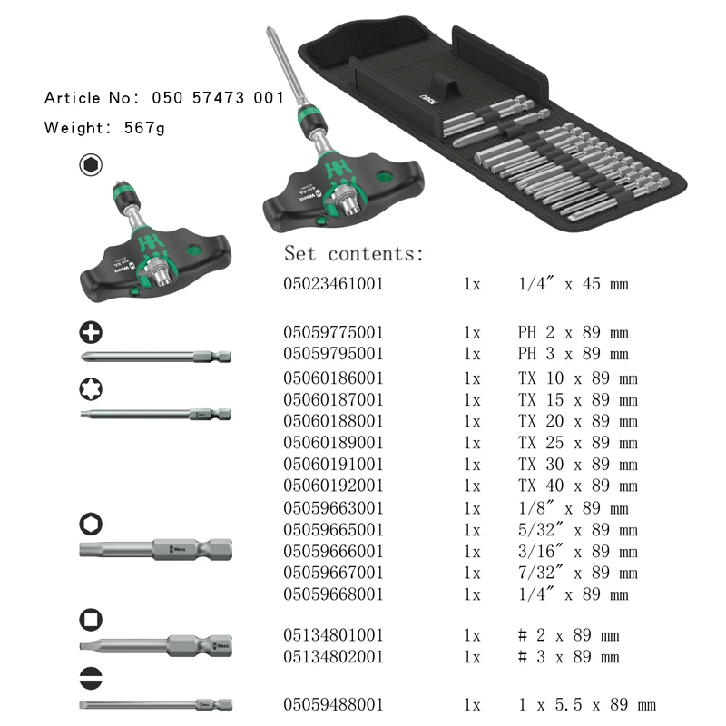 WERA Ratchet Screwdriver Bit Set with Quick-Release Chuck T-Handle Hex Bit Holder Screwdriver 17 pieces NO.05057473001