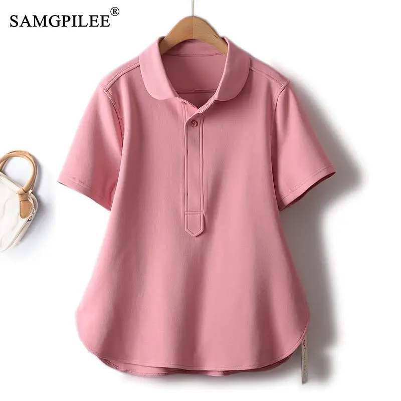 Polo Shirts For Women 2023 Summer New Shirt Collar Literary Style Solid Casual Short Sleeve Women's T-shirt Commuting Loose Tops