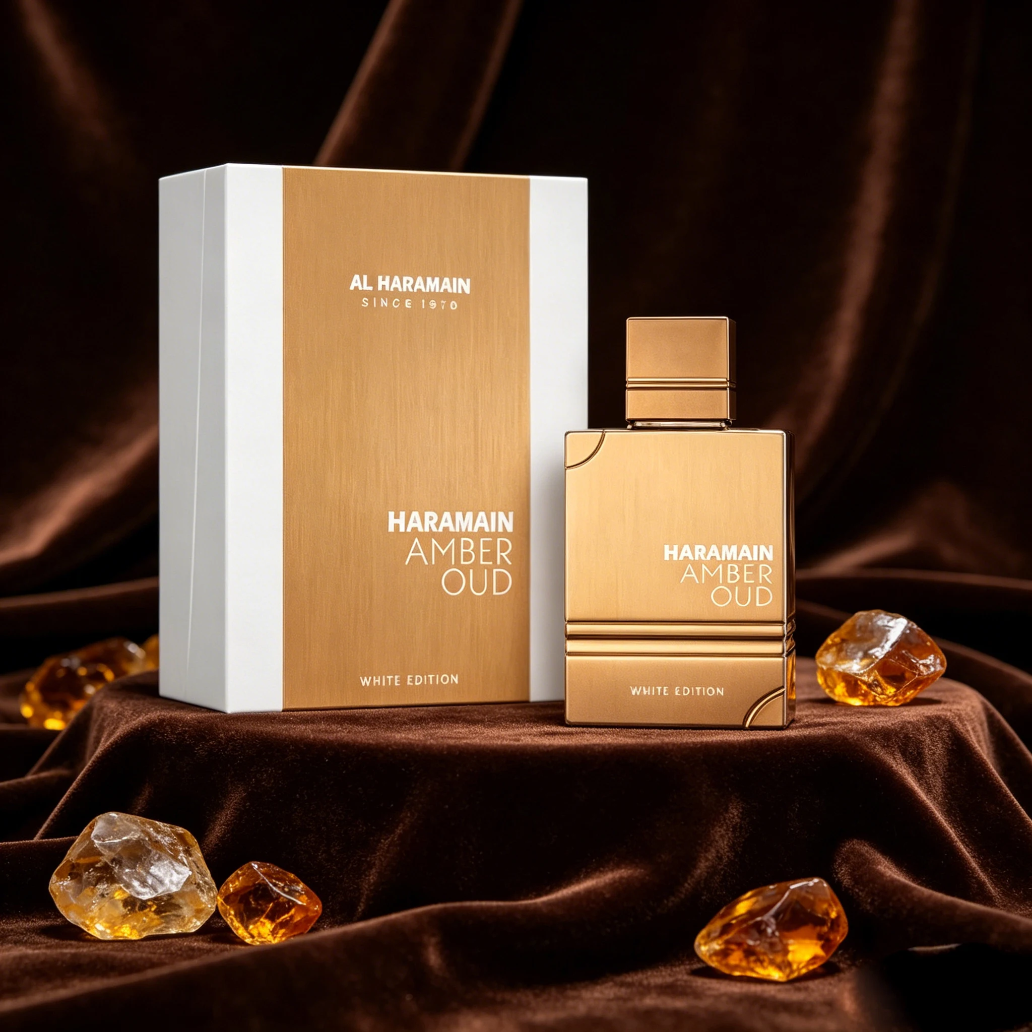 

Al Haramain Amber Oud White Edition, The gilded bottle reflects the clear sunlight, the freshness of lemon and bergamot, and the gentle ending of amber and white muskk