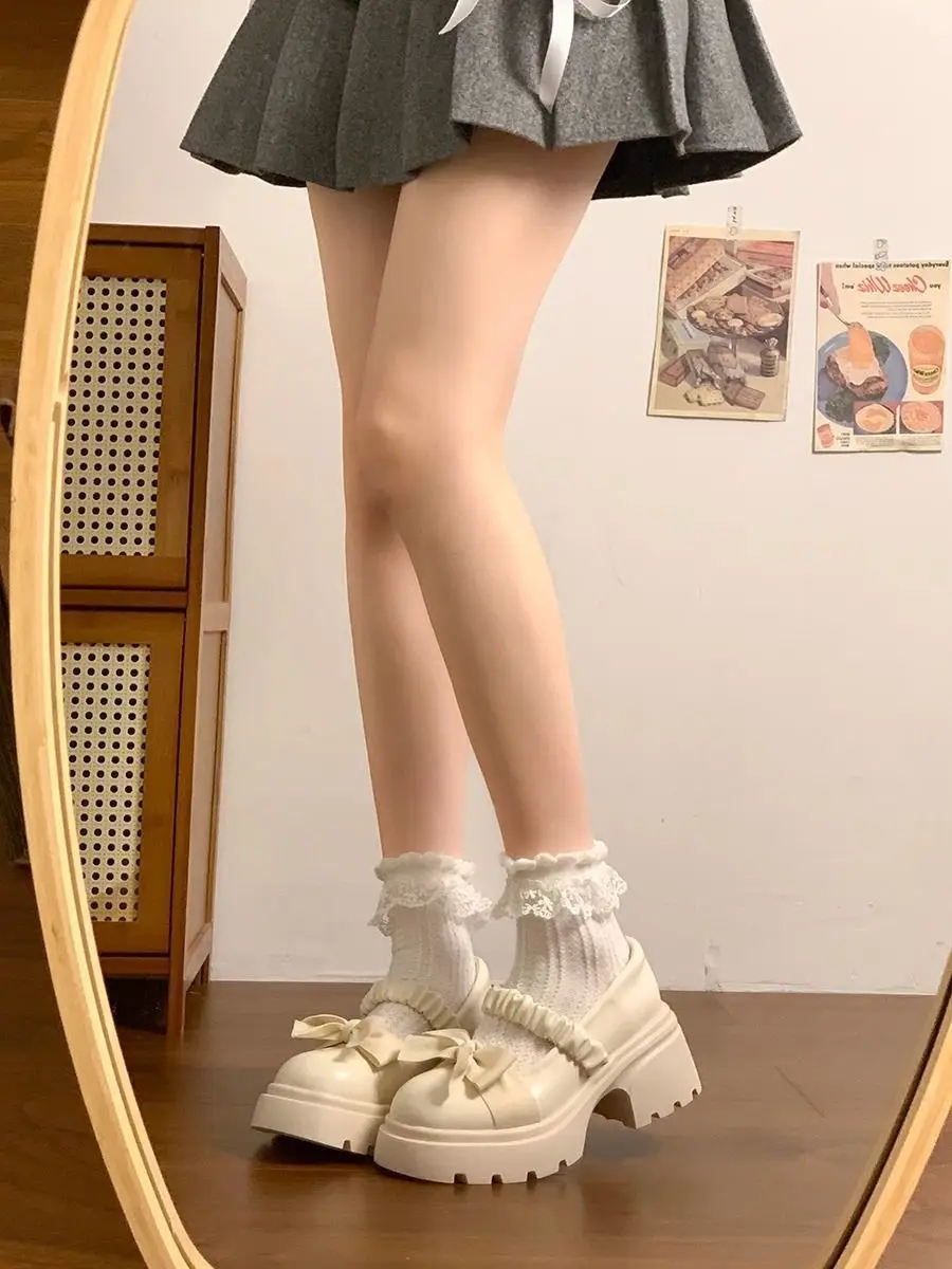 

Japanese Style College JK Slip On Mary Jane Leather Shoes Women Summer Thick Sole Platform Chunky Heel High Heel Bow French