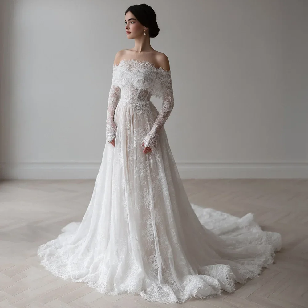 فستان زفاف دانتيل عربي رائع من OL مخصص قبالة الكتف وأكمام طويلة لؤلؤي على شكل حرف A مشد فستان زفاف عربي