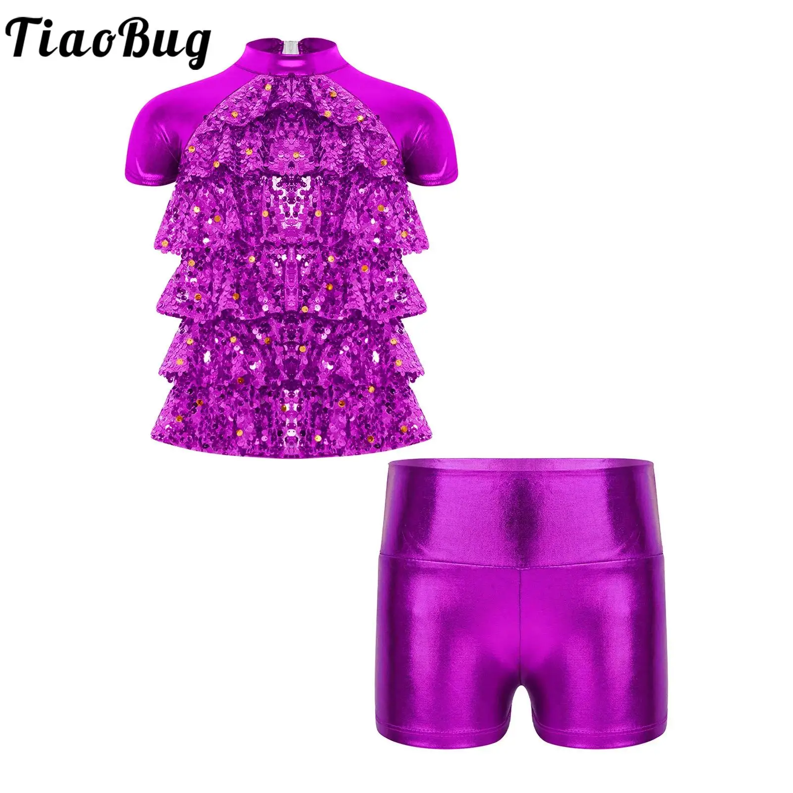 conjunto-de-performance-para-meninas-camisa-de-manga-curta-com-gola-alta-lantejoulas-e-babados-em-camadas-e-shorts-para-danca-disco-jazz-e-ginastica-ritmica