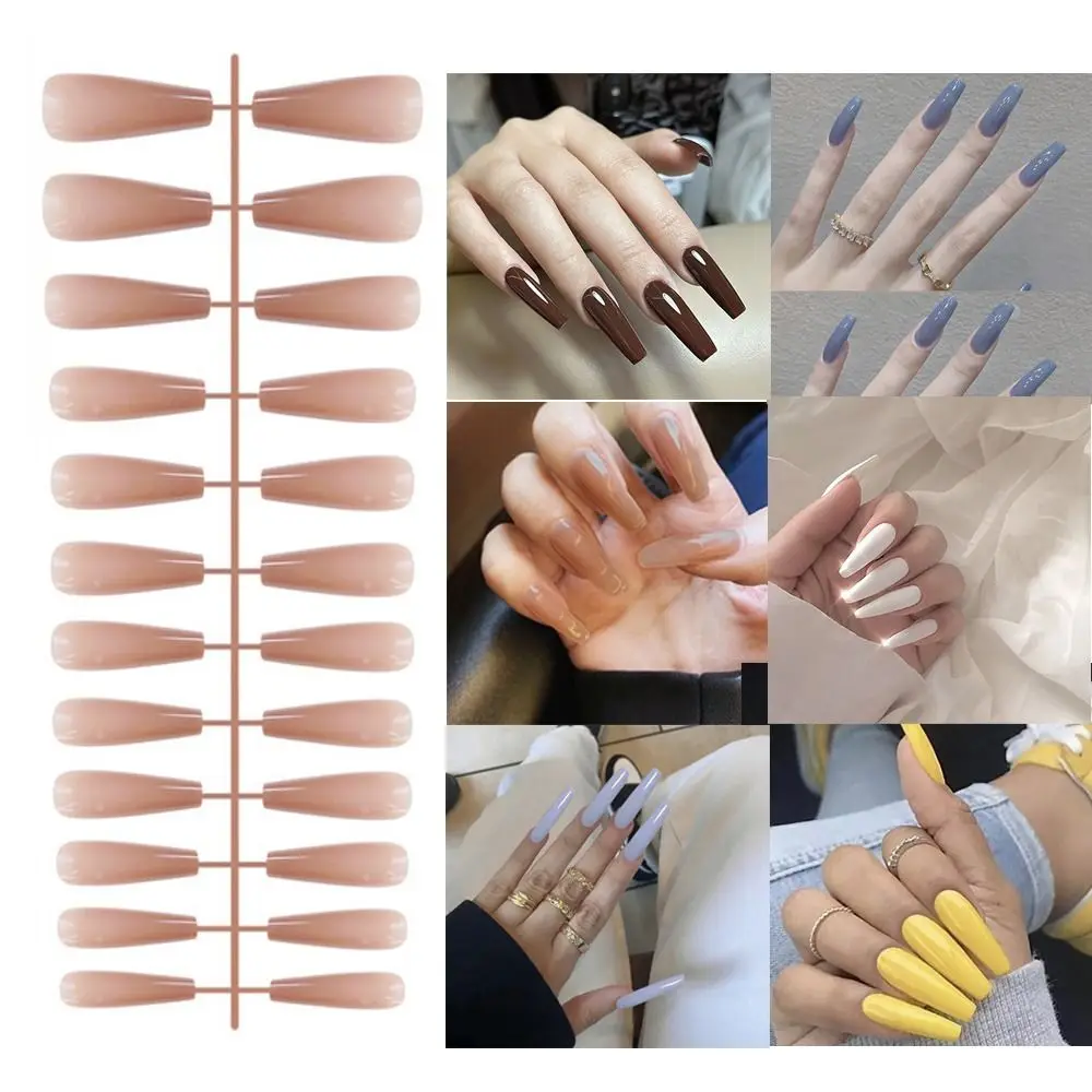 Unhas postiças monocromáticas para mulheres, unhas postiças destacáveis, cabeça redonda longa, manicure de cobertura total, unhas de pressão, foscas, usáveis, 24 peças