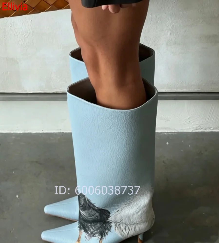 Women Light Blue Knee High Boots Leather Duck Goose Animal Print Pointed Toe Stiletto High Heel Fashion Ladies Party Tall Boots image 2