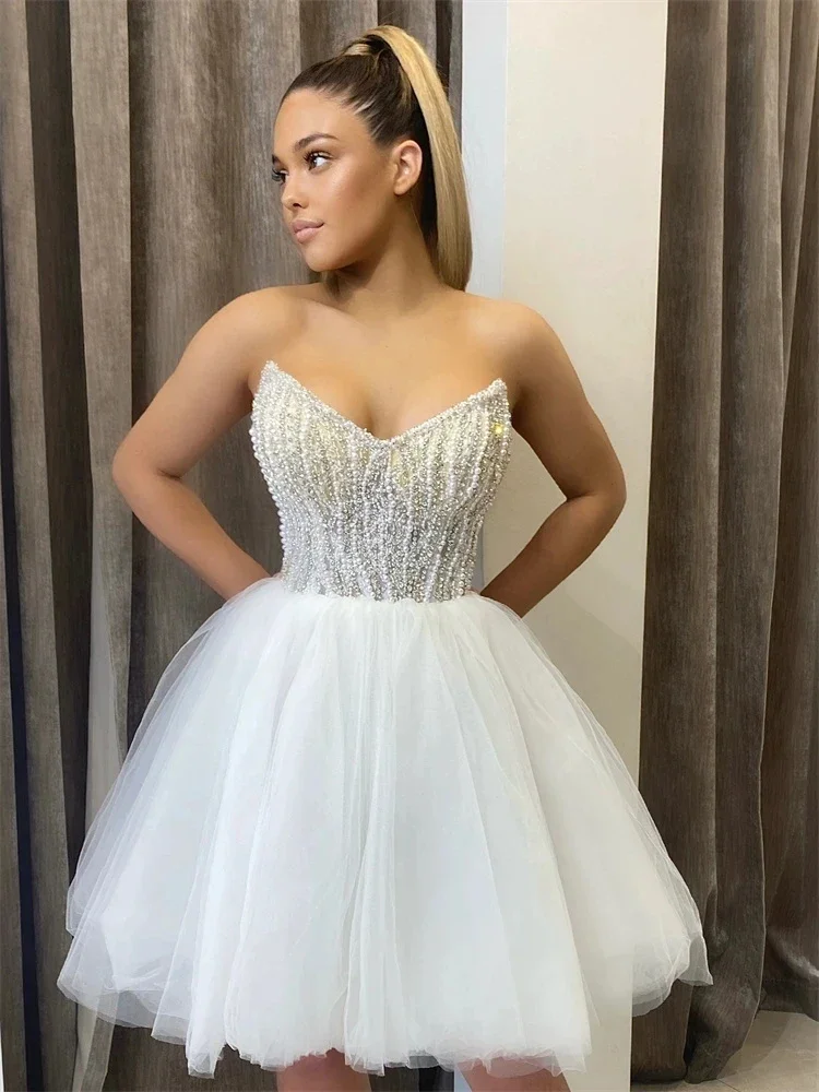 

White Ball Gown Prom Dress Sexy Mini/short Sweetheart Pearls Tulle and Slim Elegant Women's Homecoming Dress