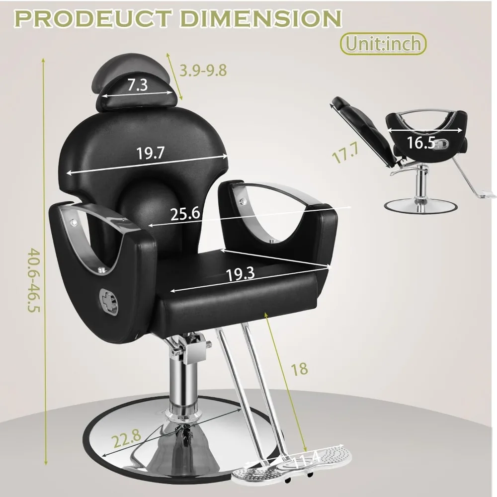 كرسي حلاق أسود مستلق لمنزل صالون الحلاقة، كرسي تصفيف صالون دوار 360 درجة لمصفف الشعر، جمال هيدروليكي قابل للتعديل H