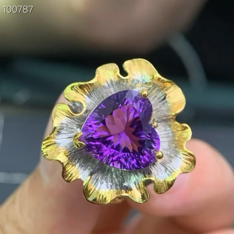 Natural Rich Purple Amethyst Ring, 925 Silver Two-Tone Finish Baroque Crystal Jewelry Gift for Women