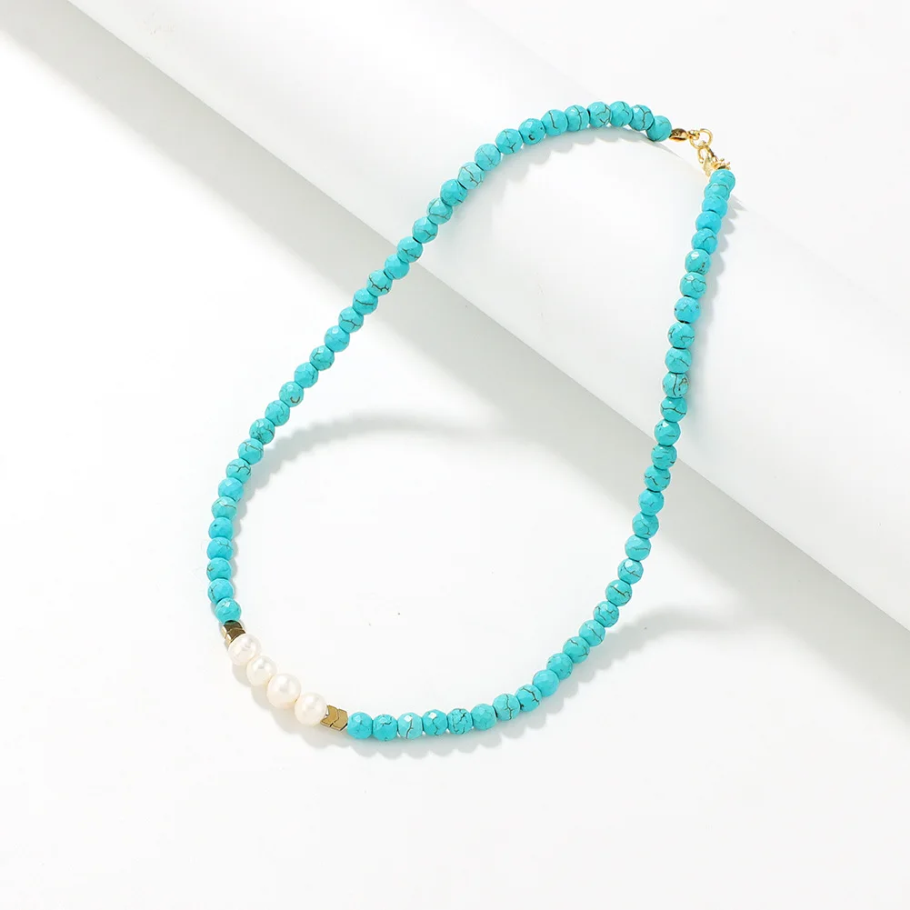 2022 New personality natural freshwater pearl necklace simple design Bohemian turquoise clavicle necklace wholesale