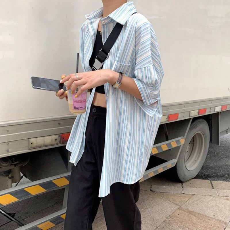 Harajuku Losse Gestreepte Shirt Vrouwen 2025, Korte Mouw Kraagvorm Zomer Blouse Vrouw Vintage Pocket Mix Kleur Shirts Vrouwelijke