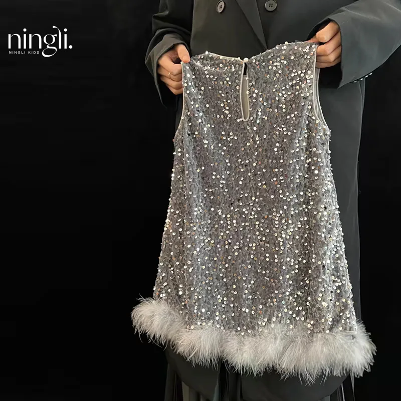Spring and Autumn Clothing Spring Clothing New Girls' Dress Children's Premium Sequins Feather Vest Skirt Princess Dress
