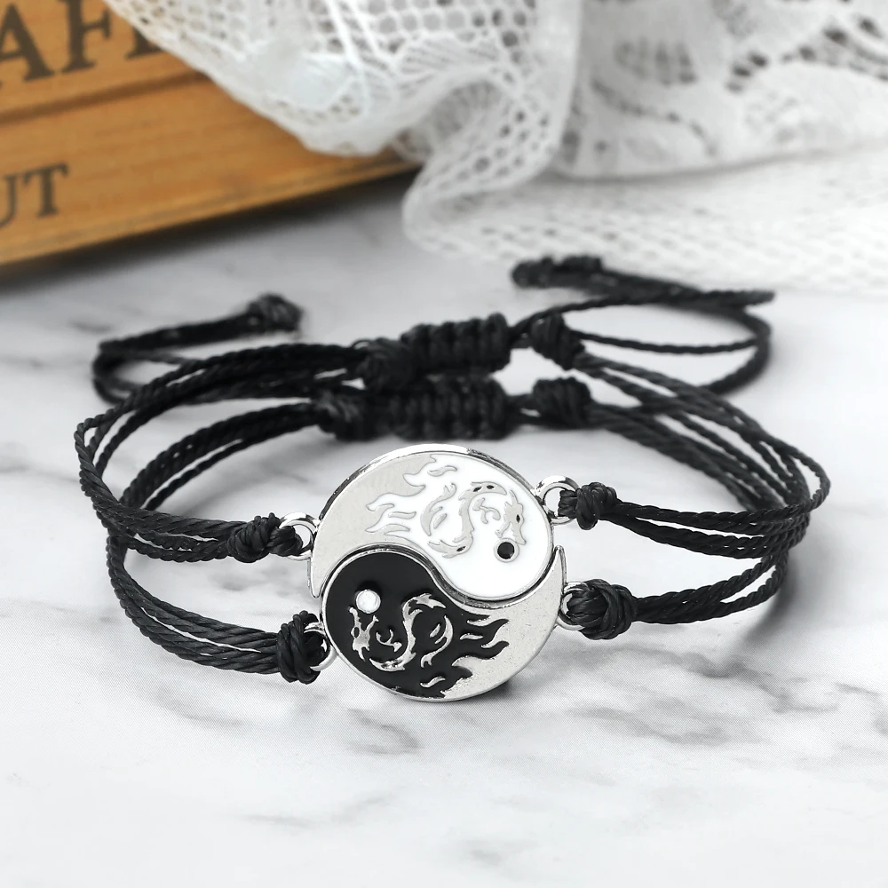 Tai Chi Yin Yang Bracelets 2Pcs/Set Black White Wax Line Adjustable Braid Chain Bangles Matching Couple Lover Jewelry Women Men