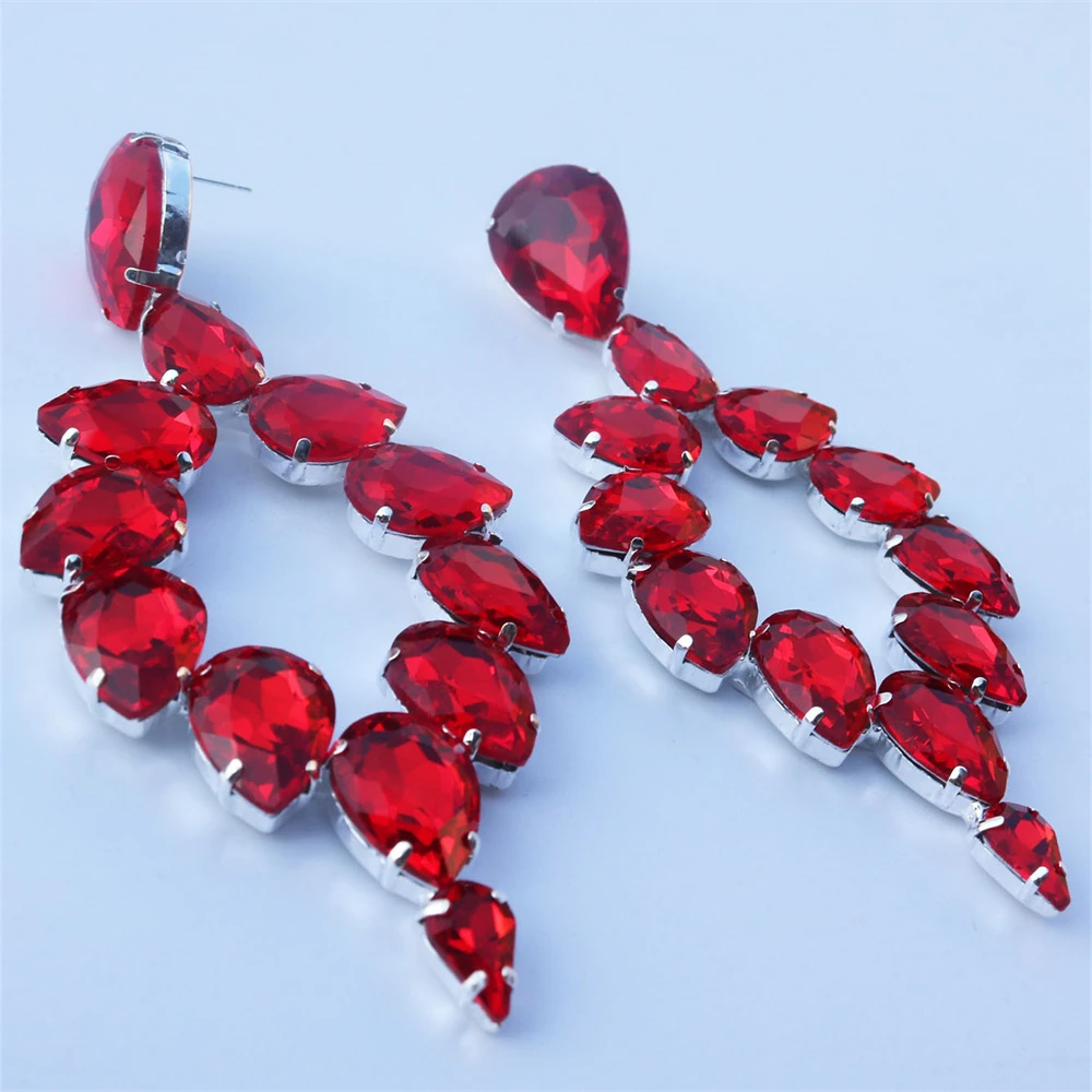 Shiny Red Big Rhinestone Earrings Jewelry Women\'s Fashion Romantic Ball Party Hollow out Crystal Earrings Jewelry Accessories