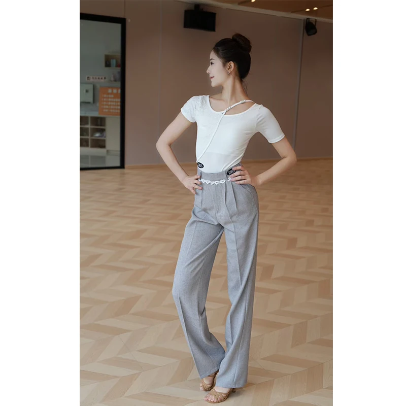 Women Latin Ballroom Dance Clothes Pearl Lace Tops Short Sleeves Gray Black Latin Trousers Salsa Dance Practice Wear DNV24401