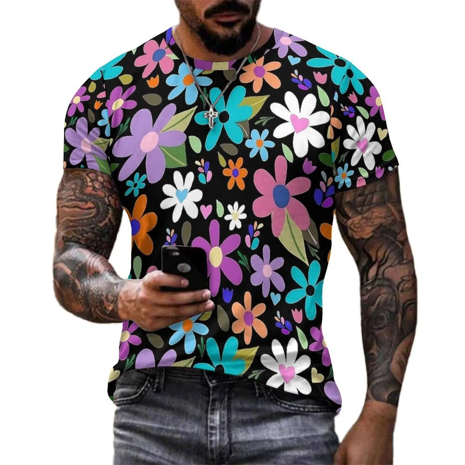 Oversized T Shirt Summer Flower Power T Shirts Pop Art Flora Casual O-Neck Tee Shirt Man Fashion Design Tops