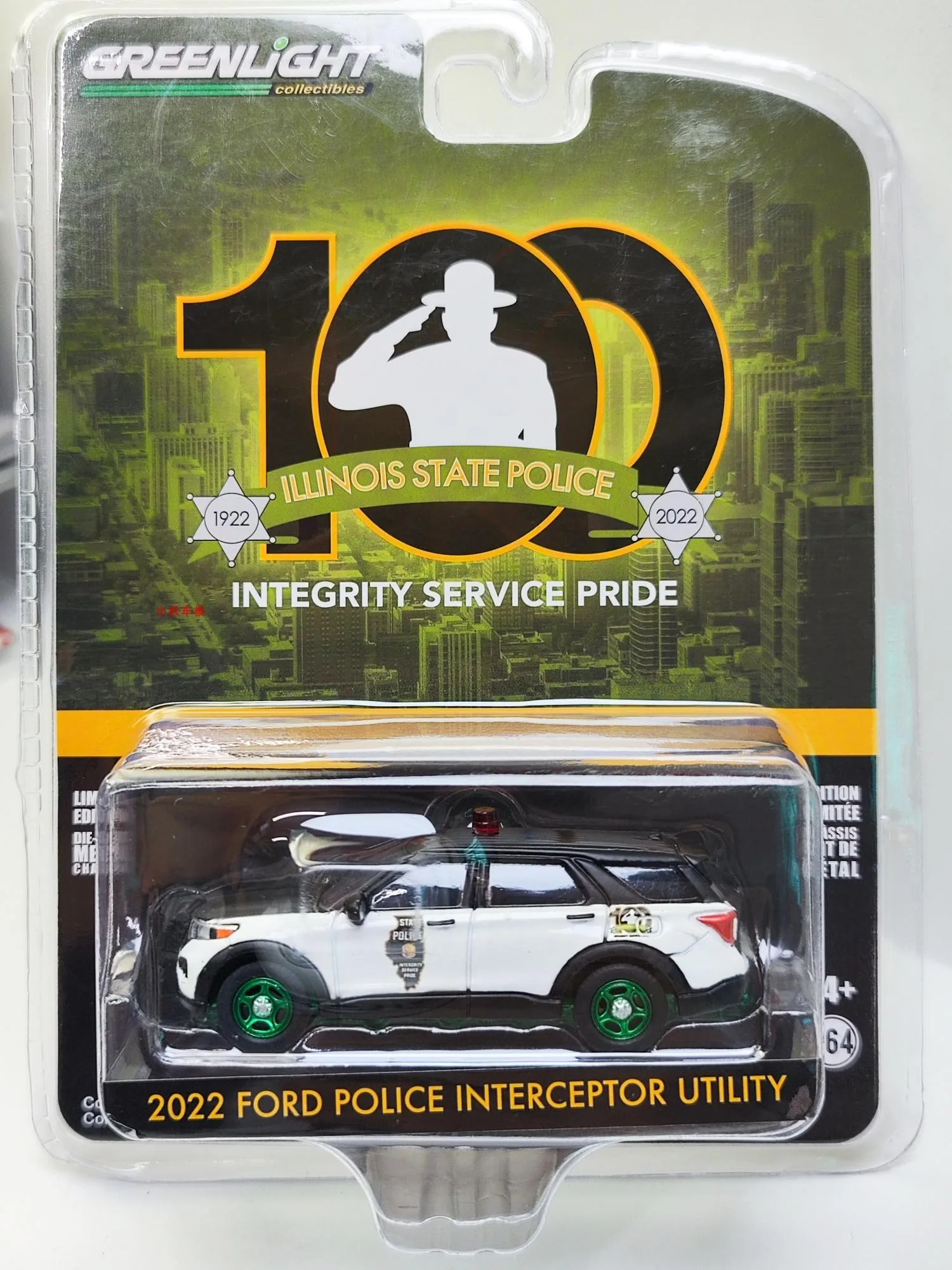 1: 64 2022 Ford Police Explorer Illinois Police Car Green Edition Alloy car model collection gift ornaments