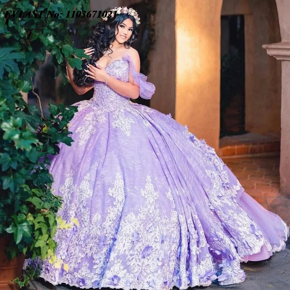 EVLAST Customized Lavender Quinceanera Dress Ball Gown Lace Applique Beaded Ruffles Mexican Sweet 16 Vestidos De 15 Anos SQ522