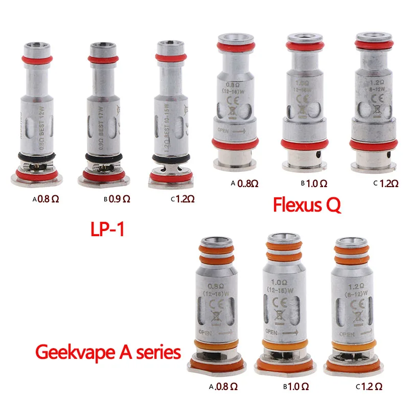 5PC Atomizer Coil Replacement 0.8Ω/0.9Ω/1Ω/1.2Ω Core Heads E-Cigarettes Coils Vaporizer Accessaries for LP1/Flexus Q/Geekvape A