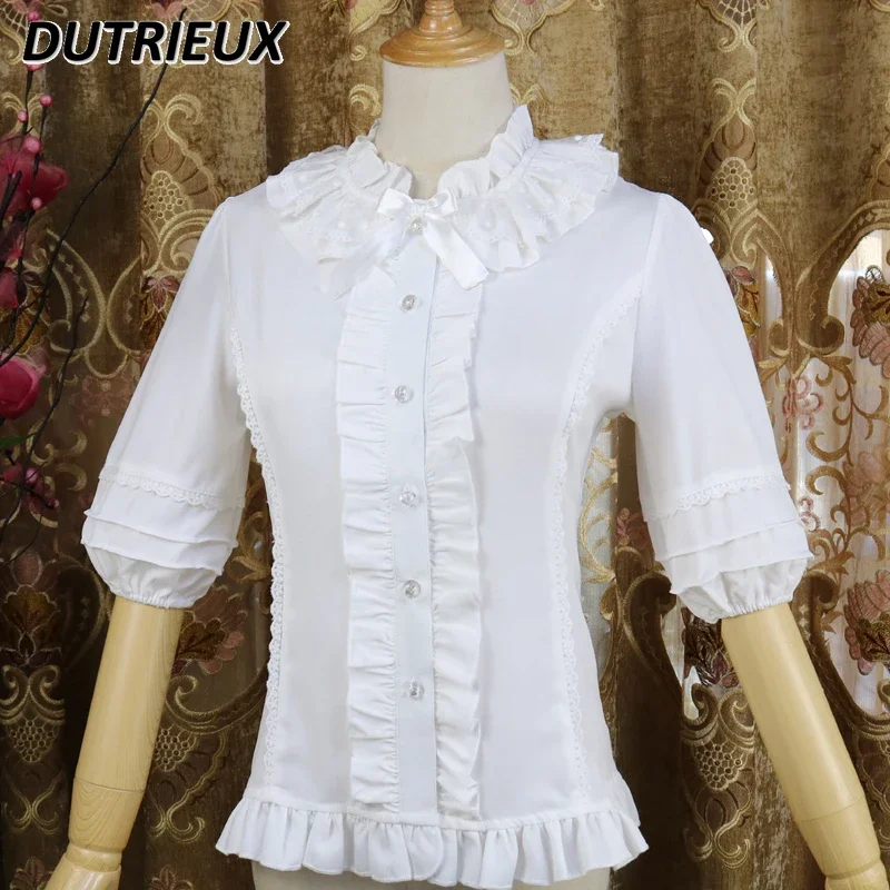 

Japanese Original Summer New Short Sleeve Shirt Women Lolita Chiffon Innerwear Lace Ruffles Half-Sleeved Blouse Top Girl Camisas