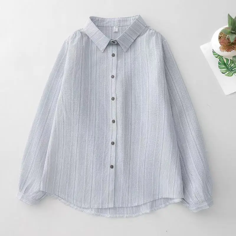 

Весенне-осенние винтажные синие полосатые рубашки с длинными рукавами, блузки для женщин, повседневные свободные кардиганы на пуговицах большого размера, топы