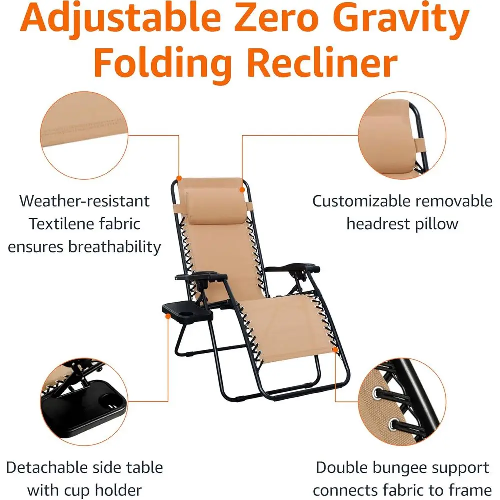 2-Piece Beige Outdoor Zero Gravity Recliner Set with Side Table, 35x26x43