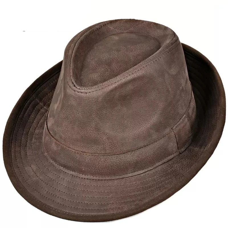 High Quality Nubuck Leather Jazz Fedora Cap Men Vintage Gentleman Cow Skin Suede Edge Short Brim Top Hat Male Shows Topper 60CM