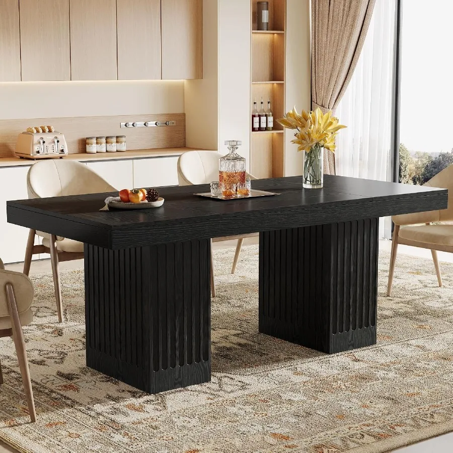 Dining Table for 4-6 People, 63 Inch Modern Rectangle Kitchen Table with Pedestal Base, Large Dinner Furniture for Dining Room,