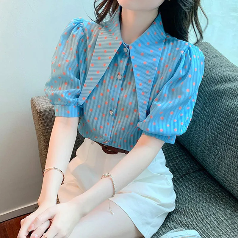 Korean Fashion Polka Dot Striped Printed Blouse Summer Women's Clothing Casual All-match Female Polo-Neck Single-breasted Shirt