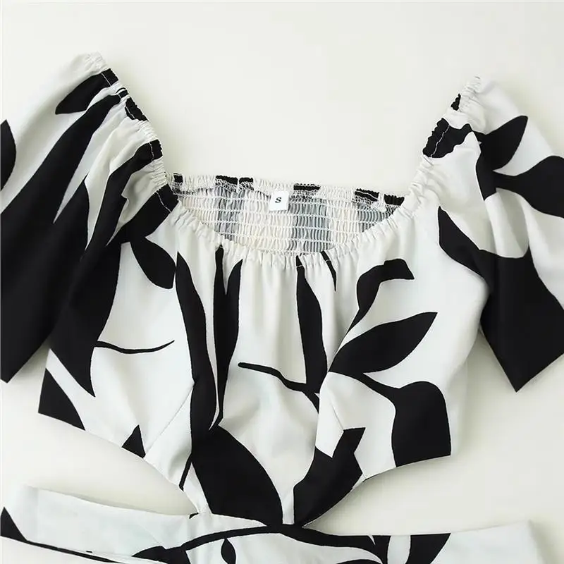 Verão impressão de um ombro cintura recorte com cinto feminino Dr Ele cintura alta ort-Sve Midi Dr Ci-Walk entrada