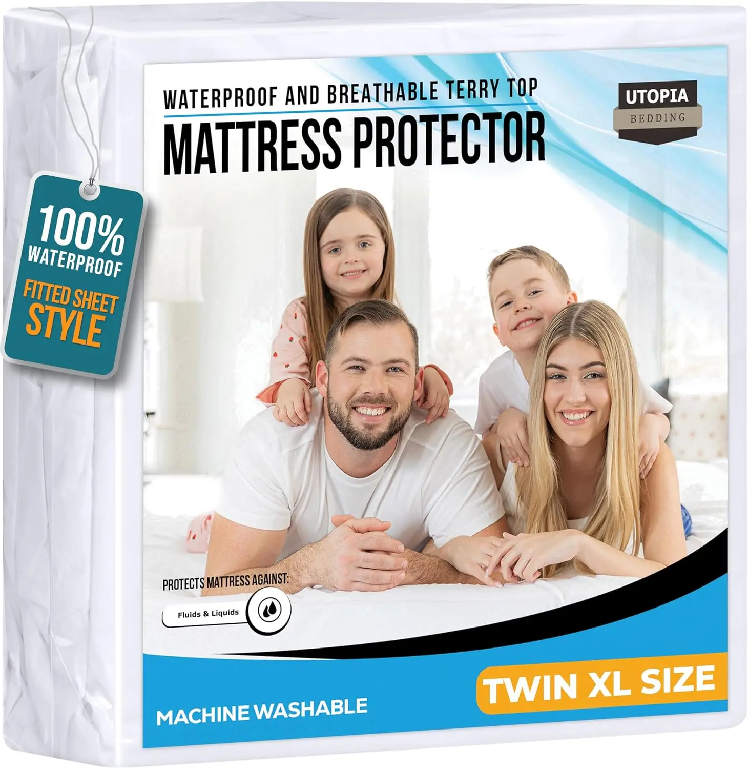 Waterproof Mattress Protector Twin XL, Premium Terry Cover 200 GSM, Breathable Fitted Style with Stretch Pockets (White)