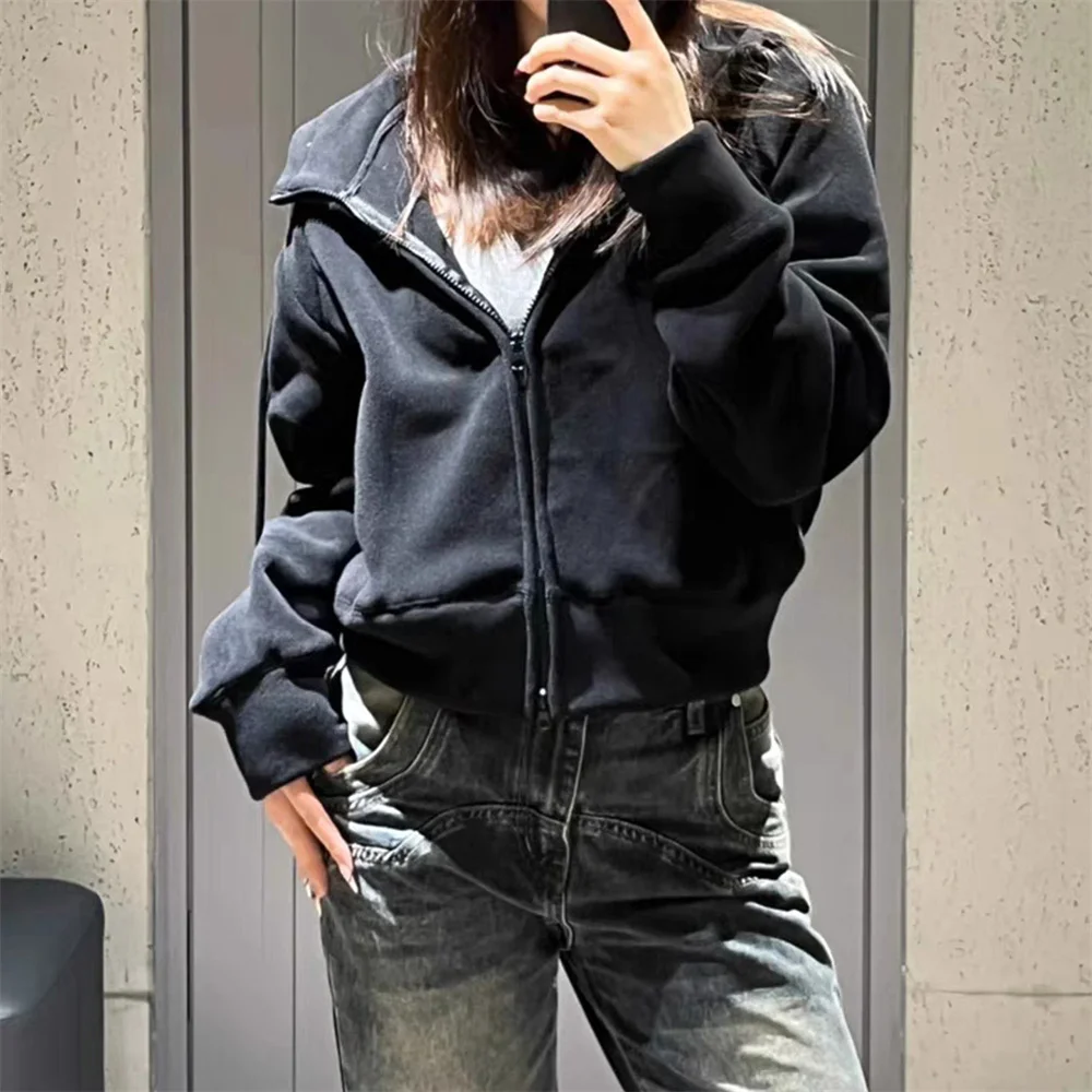 Harajuku Vintage Grunge Solid Y2k Aesthetic Hoodies Double Zipper Jacket Autumn Fashion Cropped Sweatshirt Japanese Streetwear